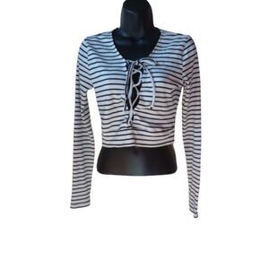 At Piece Women's Size Large Striped Lace Up Crop Top